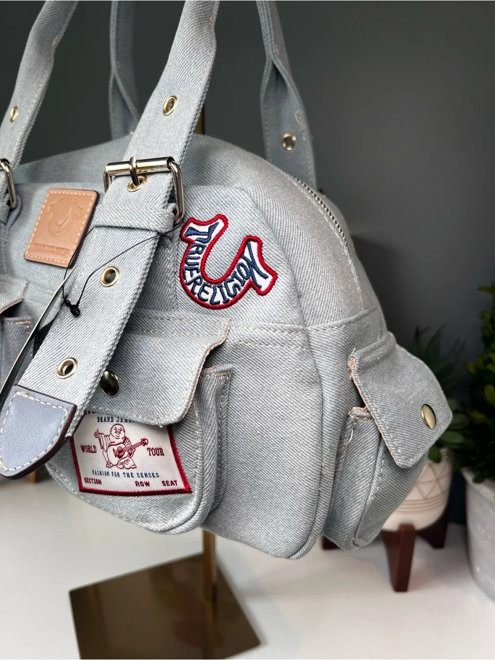 True Religion Y2K Light Wash Denim Cargo Patch Satchel Bag Purse NWT
